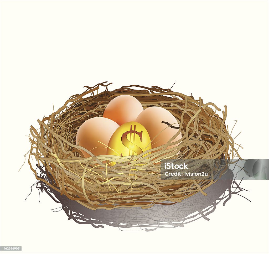 Golden egg and three eggs in a nest Golden egg and three eggs in a nest. And gold egg with dollar sign.Concept of business success.Vector file. Easter Egg stock vector