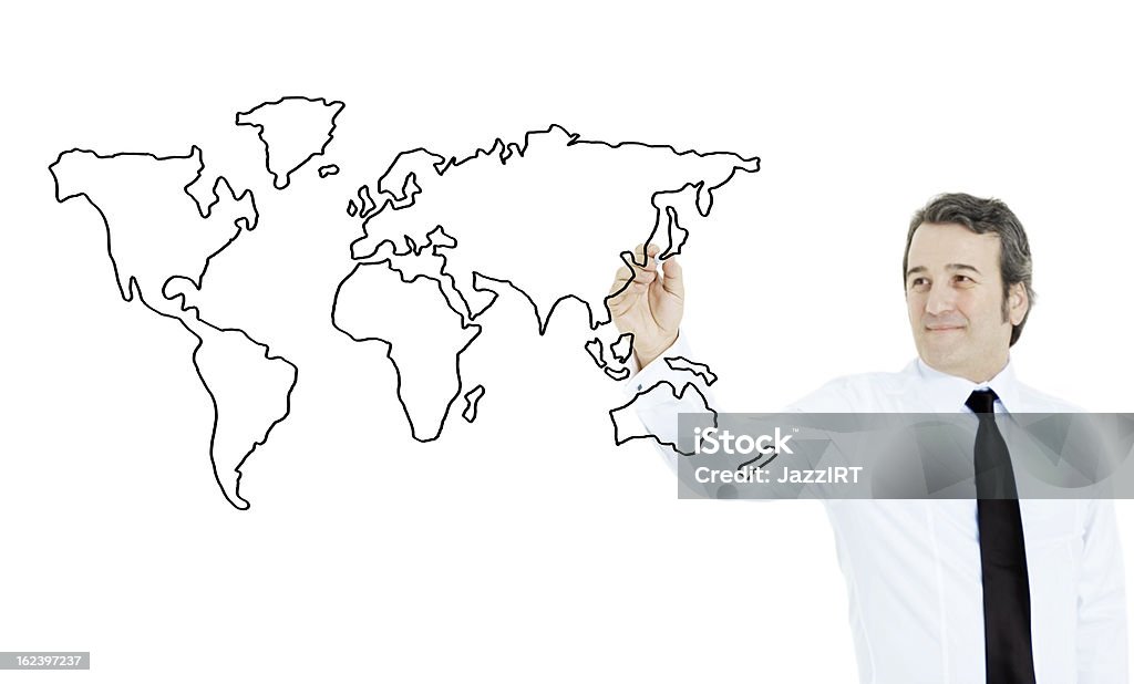 Uomo d'affari disegno mappa del mondo - Foto stock royalty-free di Affari