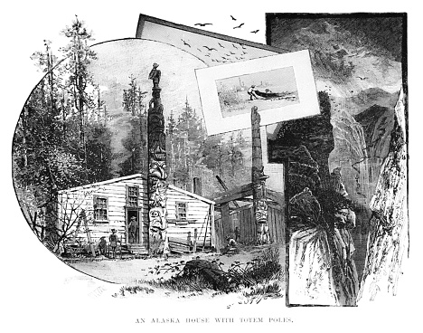 Indigenous people of North America's house and Totem Poles at the Heritage Center in Anchorage, Alaska. Illustration published 1886. Source: Original edition is from my own archives. Copyright has expired and is in Public Domain.