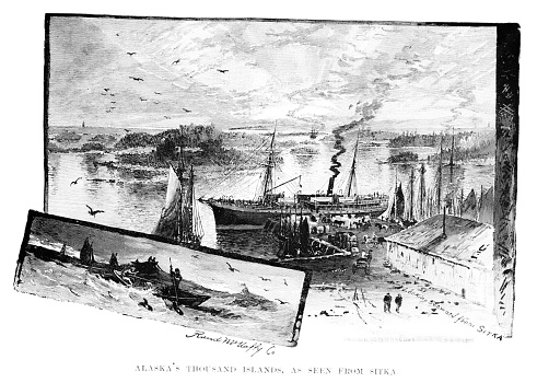 Alaska’s Thousand Islands and fishing industry from the point of view of Sitka on the Gulf of Alaska. Illustration published 1890. Original edition is from my own archives. Copyright has expired and is in Public Domain.