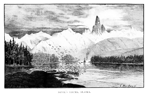 The Devil's Thumb spanning the US-Canadian border. Illustration published 1890. Original edition is from my own archives. Copyright has expired and is in Public Domain.