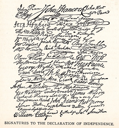 Declaration of Independence signatures, United States history.  Engraving published 1890. This edition is in my private collection. Copyright is in public domain.