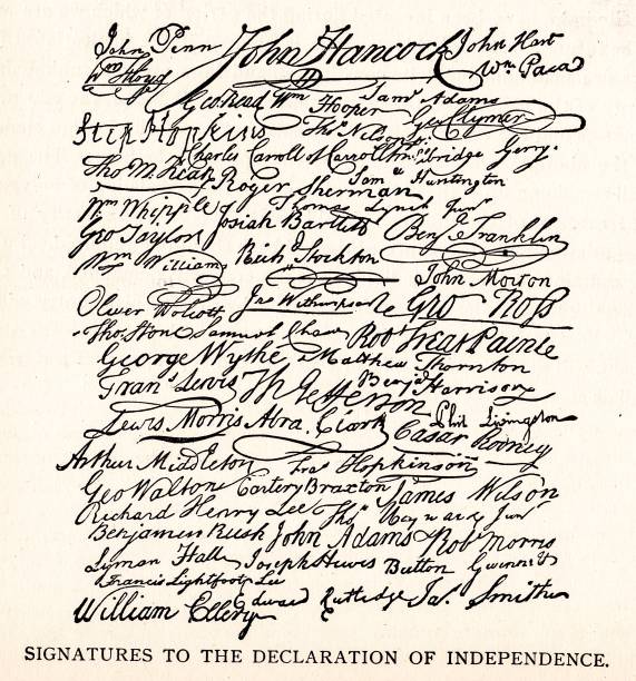 Signatures on the United States Declaration of Independence , American History Declaration of Independence signatures, United States history. Engraving published 1890. This edition is in my private collection. Copyright is in public domain. us constitution stock illustrations