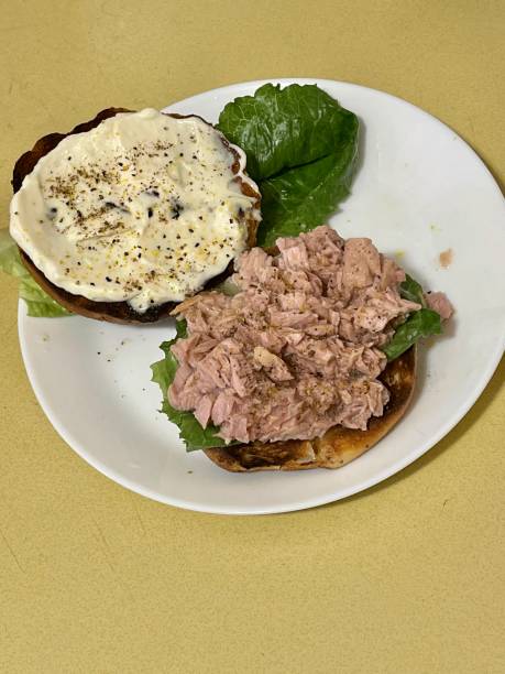 tonno su bagel tostato - tuna tuna salad bagel sandwich foto e immagini stock