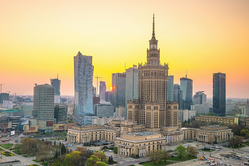 Aerial photo of  Warsaw city downtown skyline cityscape in Poland at sunset