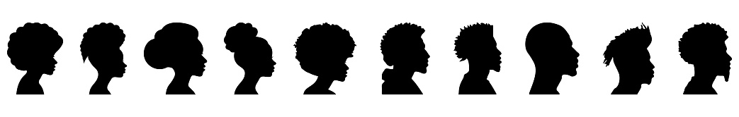 Silhouettes of African American men and women. Profile silhouettes.
Vector illustration isolated on white background