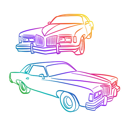 Vintage car from 1975, showing two angles. Sketch illustration in vector format