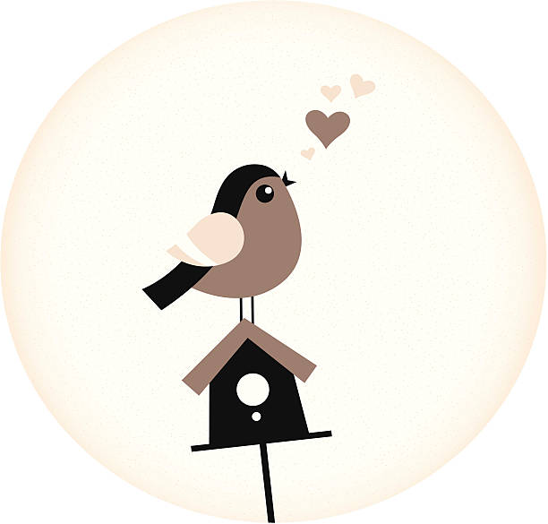 illustrazioni stock, clip art, cartoni animati e icone di tendenza di uccello carino san valentino con una casetta per gli uccelli (retrò marrone) - valentines day house bird contemporary