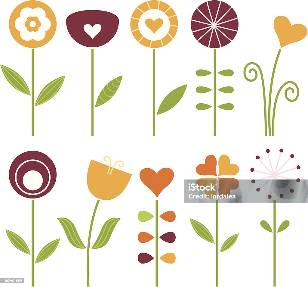 Retro cute spring flowers set isolated on white Hand drawn flowers set - orange, brown and green. Vector Illustration April stock vector