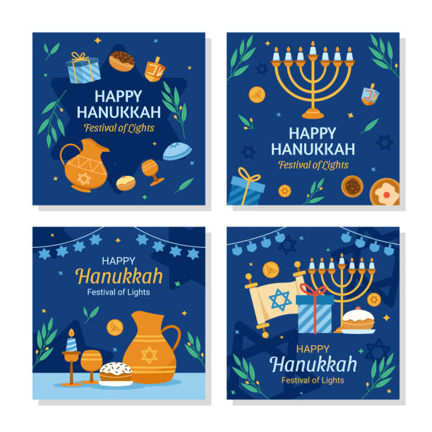 Post Template Of Events Hanukkah Festivity Festival of lights holi day of judaism vector template post design. hannukkah stock illustrations