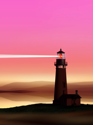 romantic lighthouse near seaboard shining at night