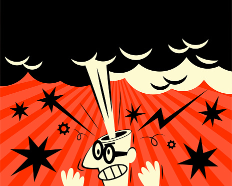 Unique Cartoon Characters Design Vector Art Illustration.
A man wearing glasses is so angry that he gnashes his teeth and his head explodes and smokes.