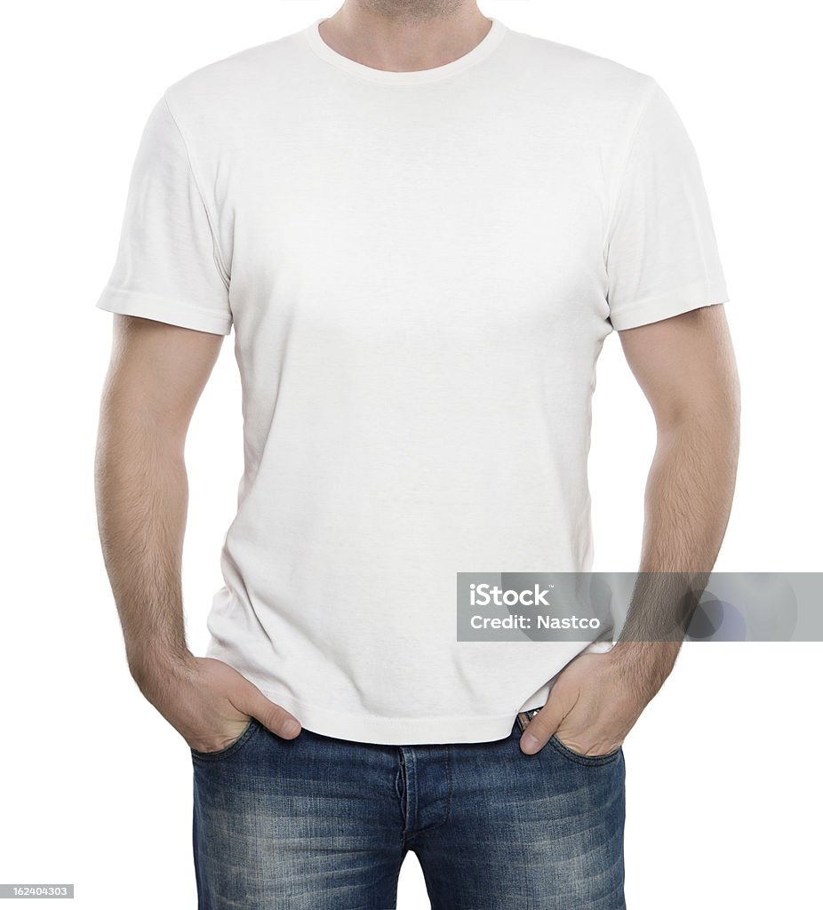 Man with blank white t-shirt Man wearing blank t-shirt isolated on white background with copy space Front View Stock Photo