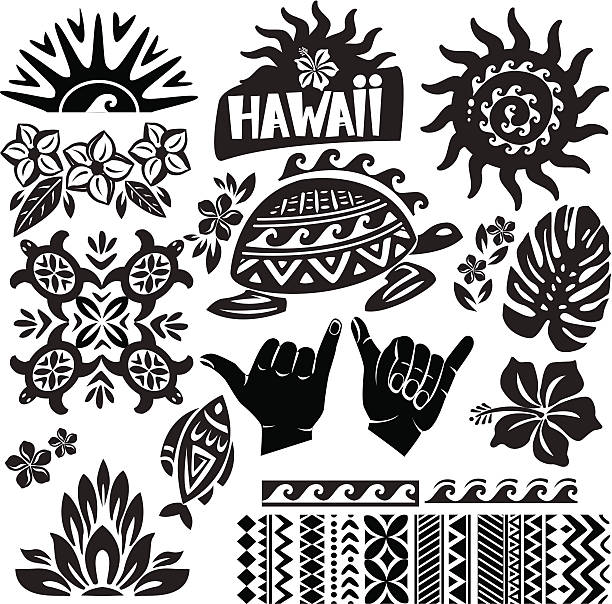 Black and white vector illustration of Hawaii Hawaii Set in black and white tribal tattoo vector stock illustrations