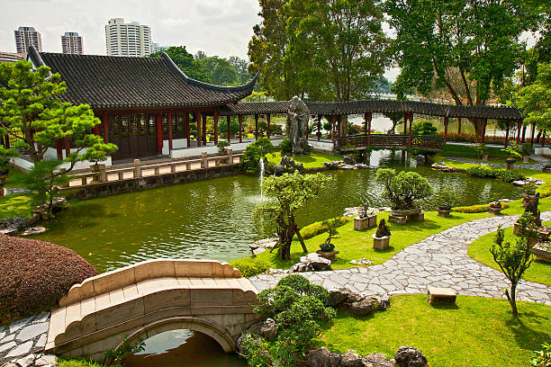 Pond with a fountain in the Japanese garden in Singapore