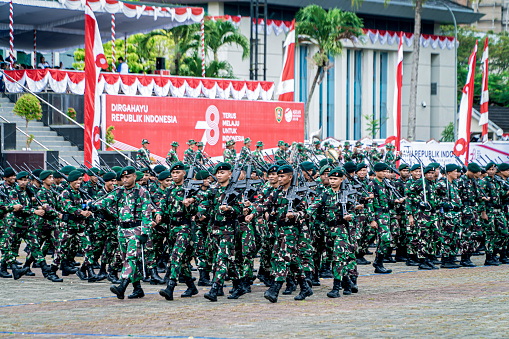 Ambon, Indonesia - August 15, 2023 : many troops neatly in the field in the Ambon city