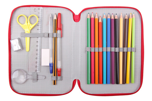 pencil case with school items