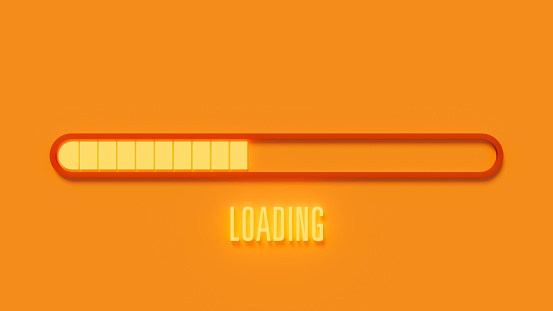 Information loading bar on orange background, half light loading level, 3d rendering, horizontal image,
