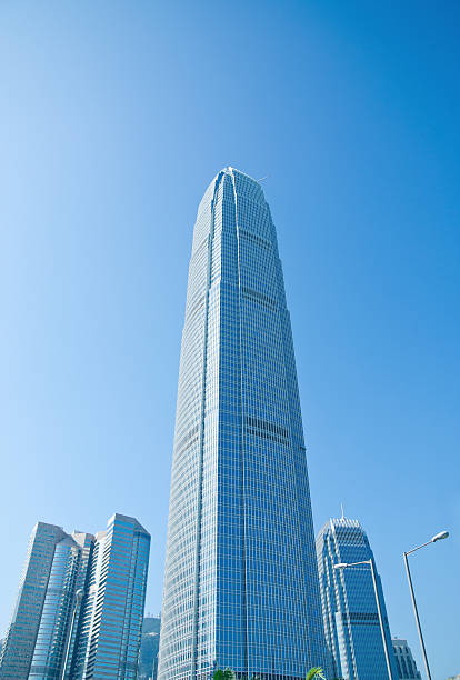 A stunning view of modern skyscrapers and lush palm trees under a clear blue sky in Hong Kong, China.