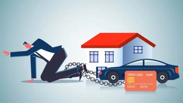 Vector illustration of Cost of living pressures, debt pressures, bank loans, overloaded family finances, crawling businessmen on their knees with their legs chained to their houses cars and credit cards