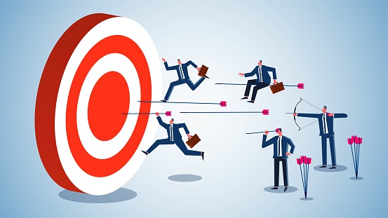 Different ways and means to reach goals or accomplish objectives, business motivations and goals, businessmen hit the bull's-eye through their different approaches