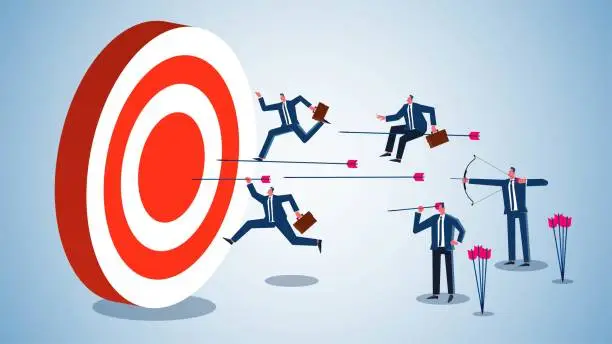 Vector illustration of Different ways and means to reach goals or accomplish objectives, business motivations and goals, businessmen hit the bull's-eye through their different approaches