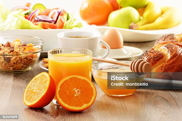 Breakfast Including Coffee Bread Honey Orange Juice Muesli A Stock Photo - Download Image Now