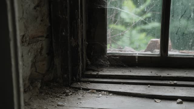 Cobwebs in corner of old window sill of wooden dark window, close-up.