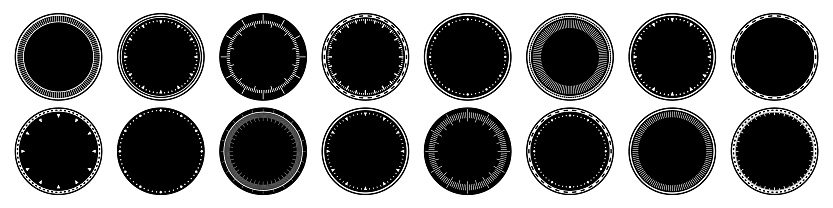 Mechanical clock faces, bezel. Round watch dial with minute and hour marks. Timer or stopwatch element. Blank measuring circle scale with divisions. Vector illustration