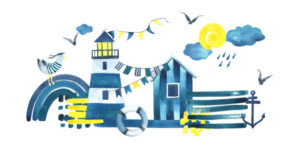 пляжный морской домик с маяком, чайкой в жилете радуга, якорем, облаком и флагами сине-желтые цвета. акварельная иллюстрация, нарисованная о - paintings rainbow nautical vessel painted image stock illustrations