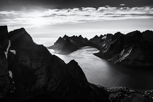 Lofoten Islands, Norway. Black and white photo processing.