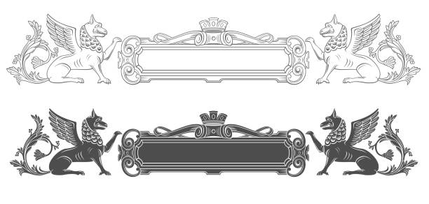 Classical plate bas relief in engraving technique Vector template. Classic plate for the inscription bas-relief in engraving technique. Facade pediment gargoyle stock illustrations