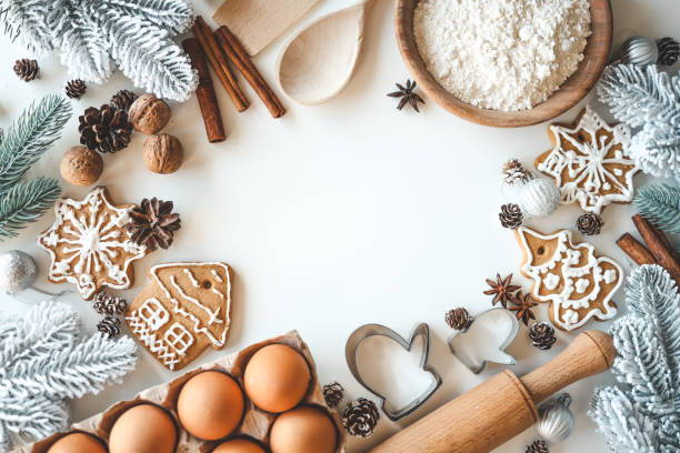 istock Christmas background with place for text. Flour, eggs, cinnamon, form, rocking flat lay top view 1624132700