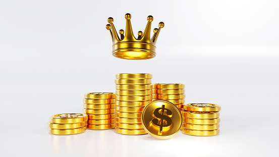 3D rendering of a stack of golden coins with a crown on color background, Finance and investment concept