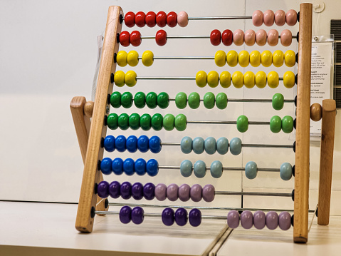 Wooden abacus in a Montessori classroom.