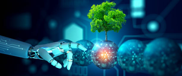 Robot hand pointing a digital ball with tree against nature. Ecology, Energy, and Environment Concept.