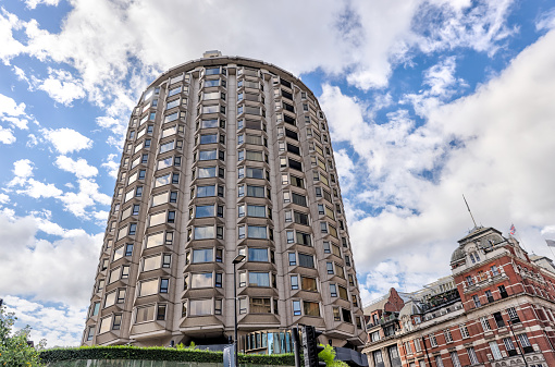London, England - July 11, 2023: A condominium tower in the Knightsbridge district of London