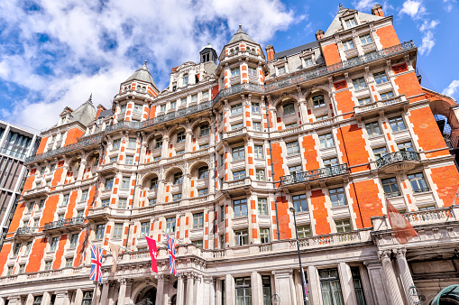 London, England - July 11, 2023: A classic residential building in the Knightsbridge district of London
