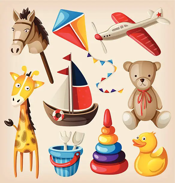 Vector illustration of Set of colorful vintage toys for kids.