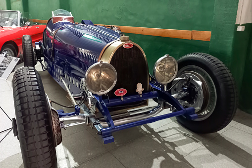 City Bell, Argentina - Nov 19, 2023: Closeup of an old blue 1933 Bugatti Type 59 racing car speedster. Classic car show.