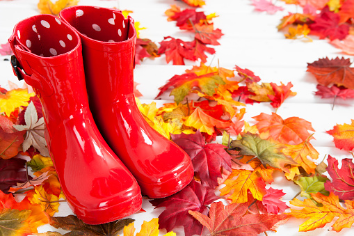 Red child rubber boots on autumn front porch