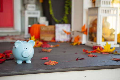 Blue piggy bank sitting on front porch with fallen maple leaves