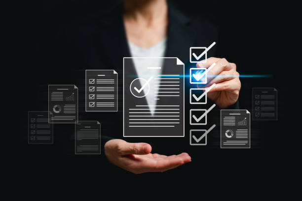 istock Smart checklist digital document certificate online concept, Businesswomen tick the checkmark on check box evaluation online survey exam and choose the right answer in the exam international standard 1624217209