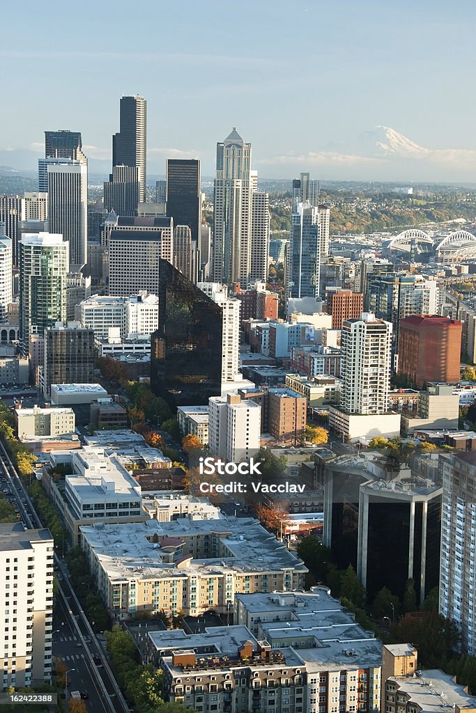 Seattle downtown skyline Seattle downtown skyline with view of Mt.Rainier in distance Aerial View Stock Photo