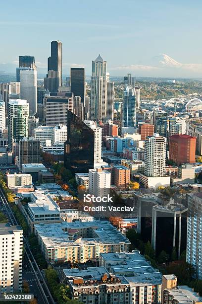 Seattle Downtown Skyline Stock Photo - Download Image Now - Aerial View, Architecture, Blue