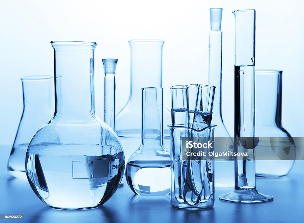 chemical laboratory glassware Blue Stock Photo