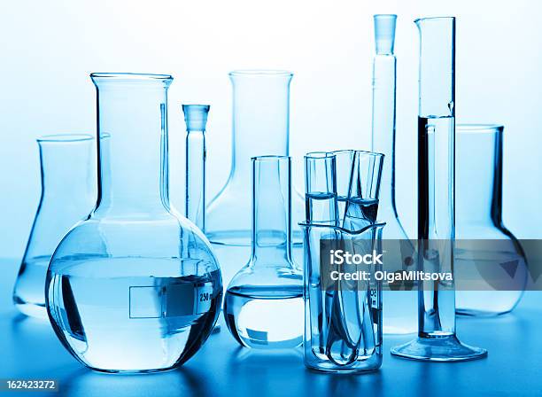 Chemical Laboratory Glassware Stock Photo - Download Image Now - Blue, Bottle, Chemical