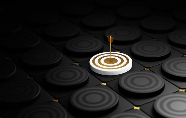Achieving Goals with Precise Arrow Targeting Marketing Success Concept. Mark with arrow on highlighted gold target. Conceptual image representing effective advertising, marketing strategy, and precise targeting for success. 3D render illustration. reach destination stock pictures, royalty-free photos & images