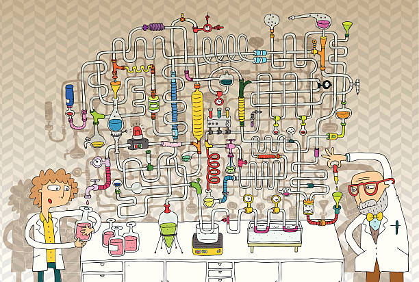 Laboratory Maze Game Laboratory Maze Game in colours with isolated layers. Task: Find the right way! Solution is in hidden layer. Illustration is in eps10 vector mode! coil tubing stock illustrations