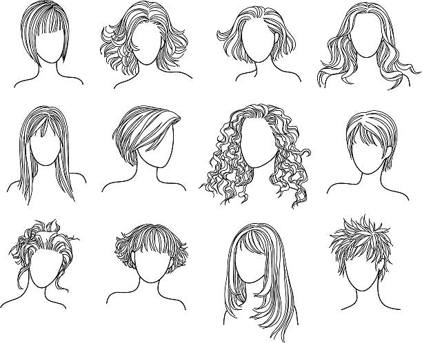 ilustrações de stock, clip art, desenhos animados e ícones de hairstyles - hairstyle black and white women fashion